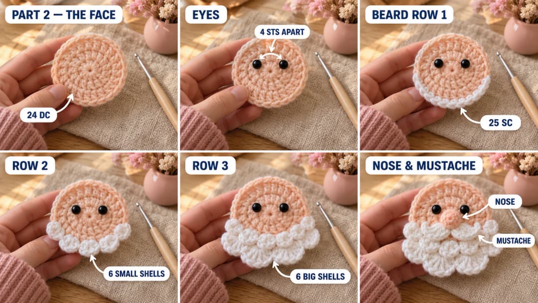 Step 2 of the Santa Claus granny square crochet pattern: a small skin-tone circle of double crochet, black safety eyes in the upper half, a white beard worked onto the lower half of the face in a row of single crochet, a row of small shells and a row of big shells, a round nose button and a curly white mustache sewn under the nose