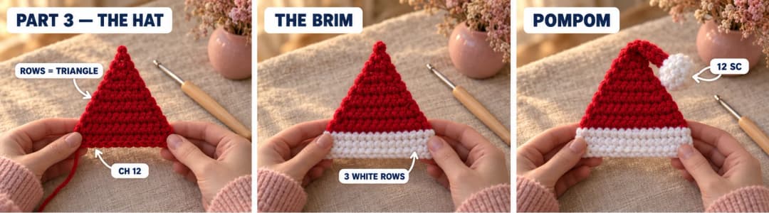Step 3 of the Santa Claus granny square crochet pattern: a flat red triangle hat worked in rows of single crochet from a 12-chain base, three rows of white single crochet along its bottom edge for the brim, and a small round white crochet pompom sewn to the tip