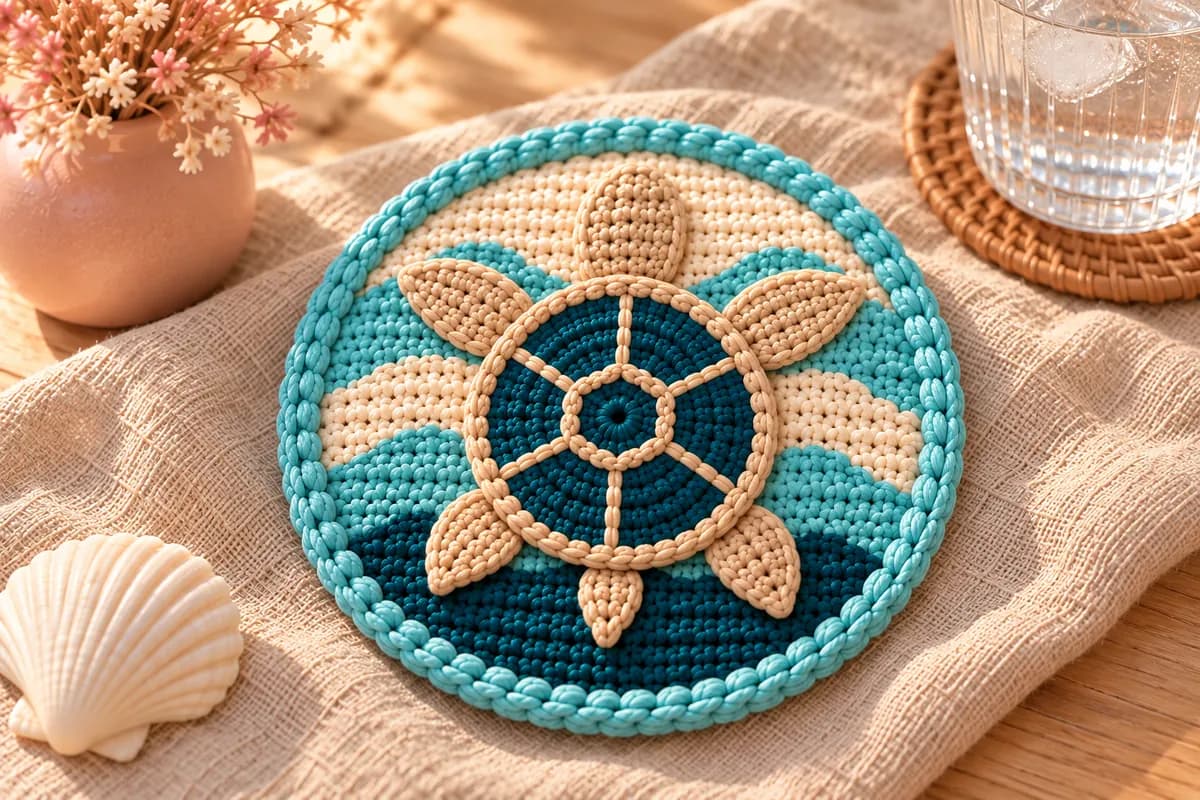 Sea turtle crochet coaster: a round cotton coaster striped with deep teal, aqua and cream waves, finished with an aqua rope border, with a flat sea turtle sewn on top, a deep teal shell divided into plates by sand-colored lines, a sand head, four sand flippers and a little tail, on an oatmeal linen cloth on a light oak table
