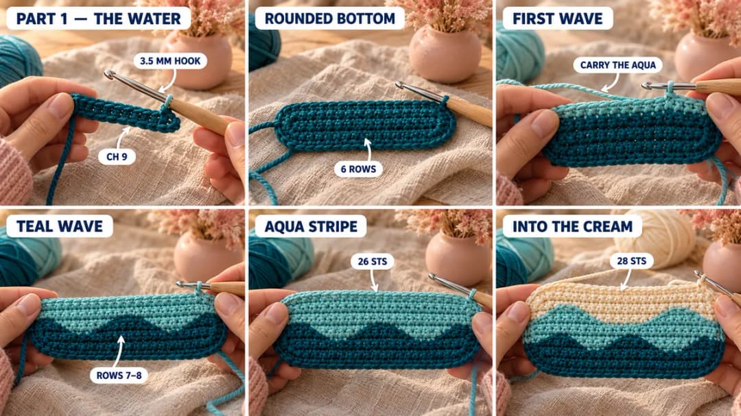Step 1 of the sea turtle crochet coaster: the deep teal foundation rows growing into a wide band with rounded ends, a deep teal wave rising into the aqua stripe, then two aqua waves rising into the cream band, worked in DK cotton on a 3.5 mm hook