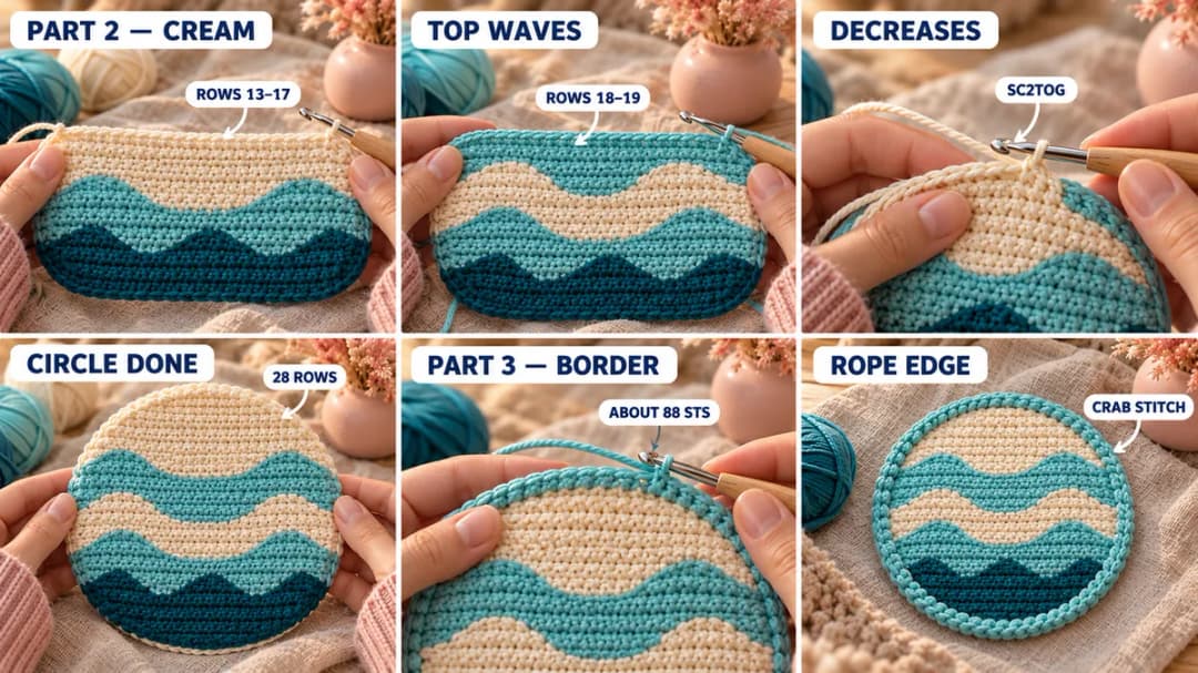 Step 2 of the sea turtle crochet coaster: the plain cream middle rows, aqua waves rising from the cream, the circle narrowing with decreases to Row 28, a round of aqua single crochet worked around the edge, and the finished aqua rope border in reverse single crochet