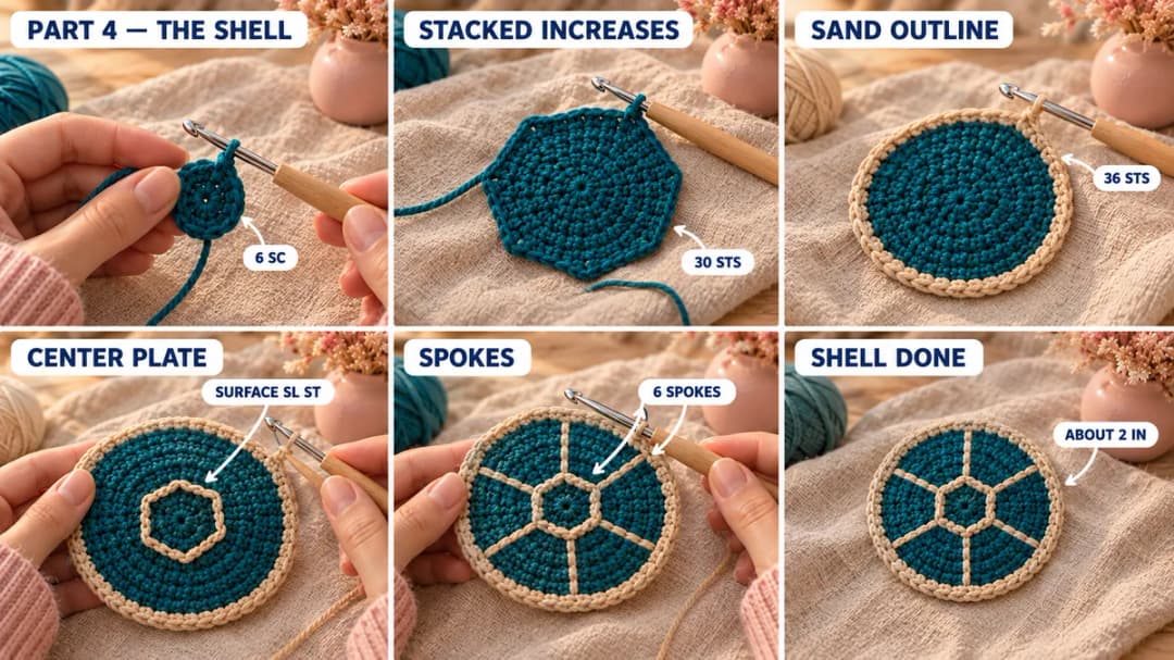 Step 3 of the sea turtle crochet coaster: the deep teal shell growing from a magic ring with stacked increases into 6 soft corners, the sand outline round, a small sand hexagon of surface slip stitch in the center and 6 sand spokes reaching out to the rim