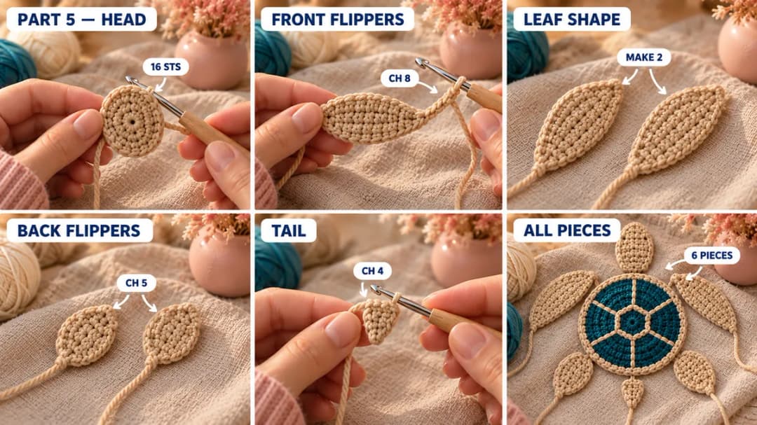 Step 4 of the sea turtle crochet coaster: a small flat sand circle for the head worked from a magic ring, two long leaf-shaped front flippers, two shorter back flippers and a tiny tail spike, all in sand cotton, laid out around the finished deep teal shell