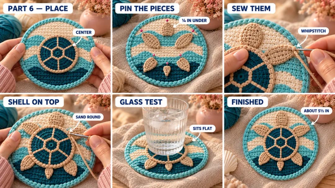 Step 5 of the sea turtle crochet coaster: the sand head, flippers and tail pinned at 12, 10, 2, 5, 7 and 6 o'clock around the center of the wave coaster, the pieces whipstitched down, the deep teal shell sewn on top with its sand outline, and the finished sea turtle coaster with a glass of water on it