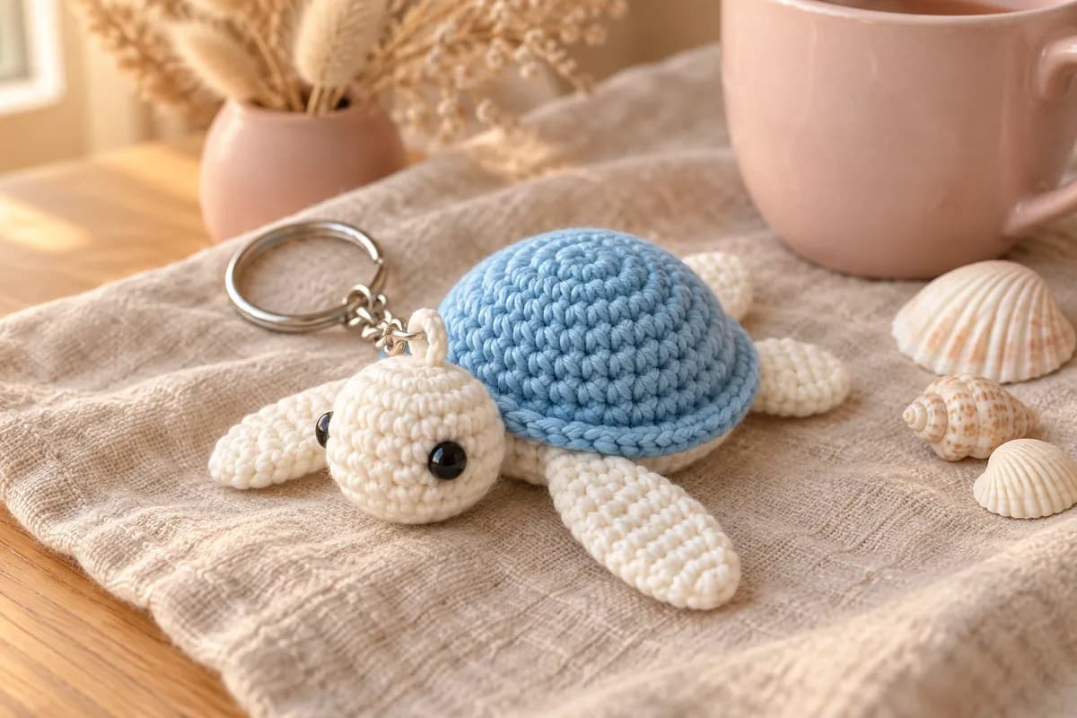 Crochet turtle keychain: a mini sea turtle with a domed sky blue shell worked in spiral rounds and edged with a neat blue ridge, a round white head with two small black eyes, two long white front flippers and two short back flippers, hanging from a silver split ring and short chain, lying on an oatmeal linen cloth next to a blush pink mug and a few seashells