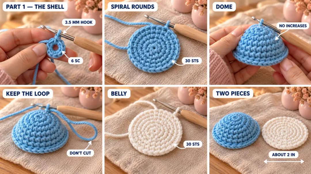 Step 1 of the crochet turtle keychain: a sky blue magic ring on a 3.5 mm hook, the shell top growing in spiral rounds to 30 stitches, three even rounds curving it into a dome, and a flat white belly circle of 30 stitches next to it
