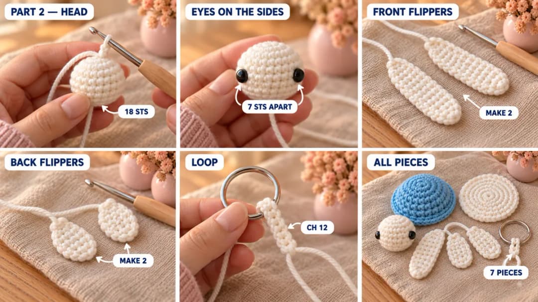 Step 2 of the crochet turtle keychain: a small white head growing from a magic ring, black safety eyes on the sides of the head 7 stitches apart, two long flat white front flippers, two short back flippers, and a short white chain loop folded through a silver split ring