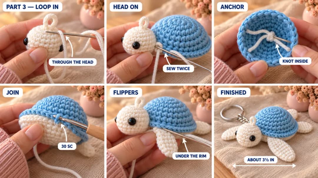 Step 3 of the crochet turtle keychain: the loop tails threaded through the head, the head sewn to the edge of the blue shell, the white belly joined to the dome with a round of blue single crochet that forms the rim, the four white flippers sewn under the rim, and the finished turtle keychain on its split ring