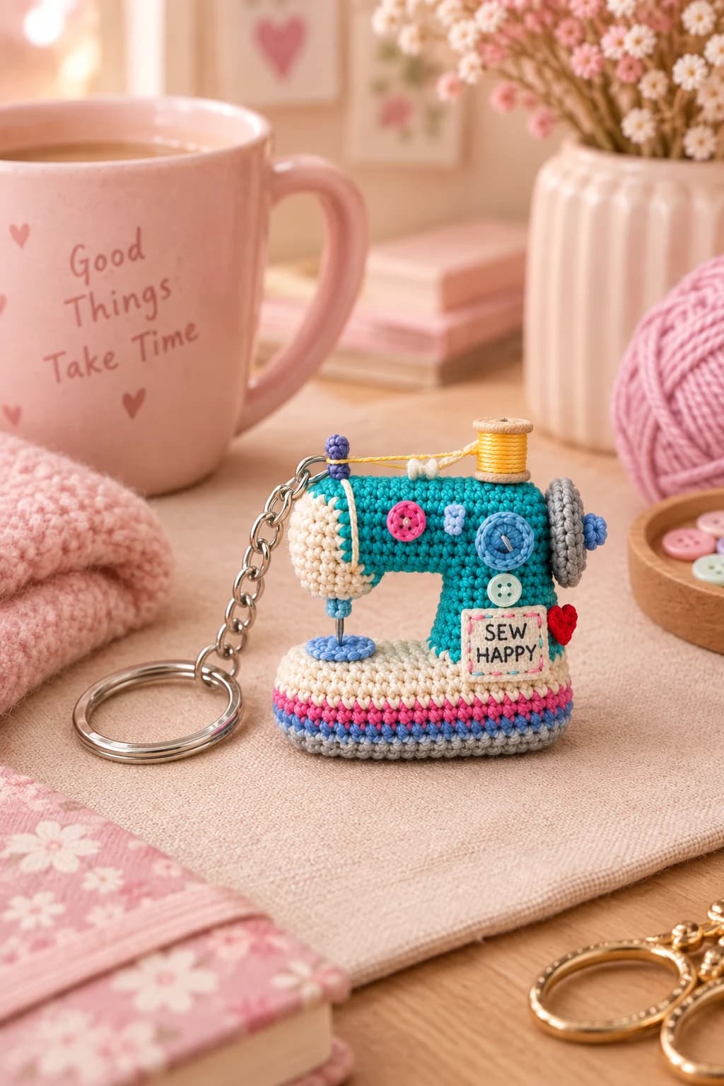 Crochet sewing machine keychain on a pink crafting table: a teal mini amigurumi machine with a cream head, a yellow thread spool, a grey handwheel, a pink button, a blue dial, tiny buttons, a red heart and a Sew Happy label, on a base striped in cream, pink, blue and grey, attached to a silver keyring