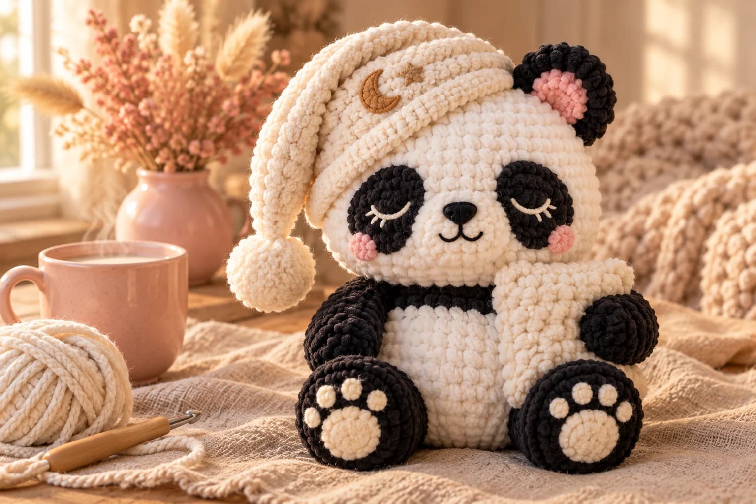 Sleepy panda crochet pattern: a plush white chenille panda with closed eyes stitched in cream on black eye patches, a black nose, a little smile and pink cheeks, a black ear with a pink center, wearing a cream nightcap with a tan moon and star and a long floppy tip ending in a pom-pom, black arms, round black feet with cream paw pads, hugging a small cream pillow next to a blush pink mug and a ball of cream yarn