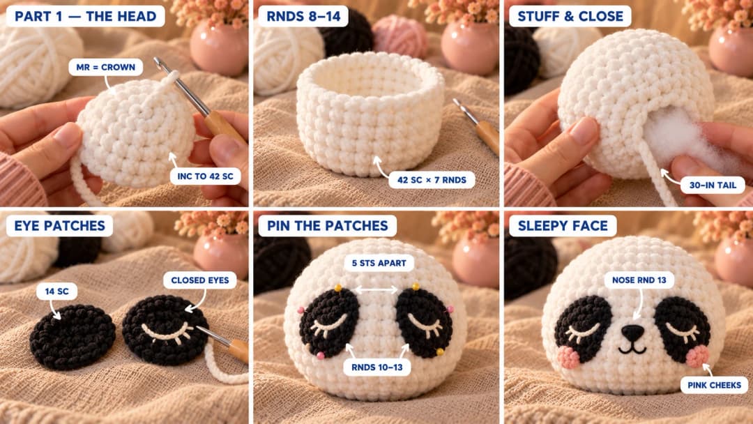 Step 1 of the sleepy panda crochet pattern: a white chenille magic ring growing into a 42-stitch dome, straight rounds, the stuffed head closed at the bottom, two black oval eye patches with closed eyes and lashes stitched in cream, and the patches sewn on with a black nose, a small smile and pink cheeks