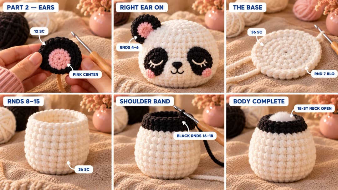 Step 2 of the sleepy panda crochet pattern: a small black cup ear with a pink plush center, the white chenille body growing up from a flat base with a back-loop ridge, the change to black for the shoulder band, and the stuffed body with an open 18-stitch neck