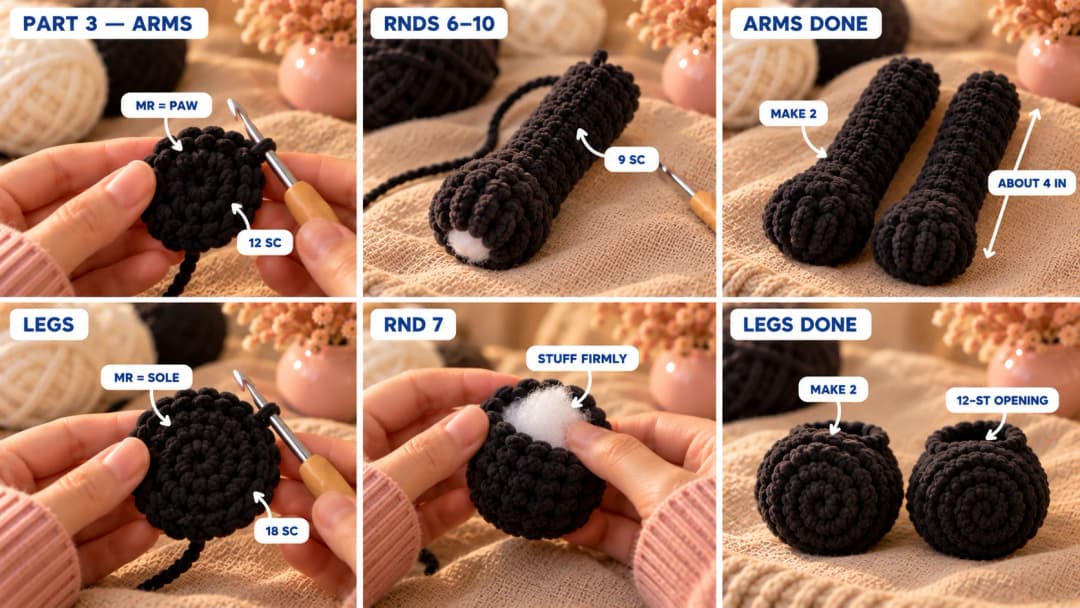 Step 3 of the sleepy panda crochet pattern: two black chenille arms with rounded paws and soft flattened tops, and two round black legs with the flat magic ring sole at the front and an open 12-stitch end
