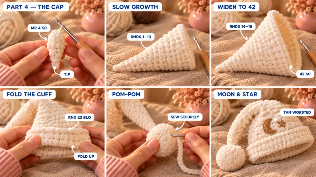 Step 4 of the sleepy panda crochet pattern: a narrow cream chenille cone growing from a magic ring, the cap widening to 42 stitches, a back-loop ridge, the cuff folded up to the outside, a small stuffed cream pom-pom sewn to the tip, and a crescent moon and star embroidered above the cuff