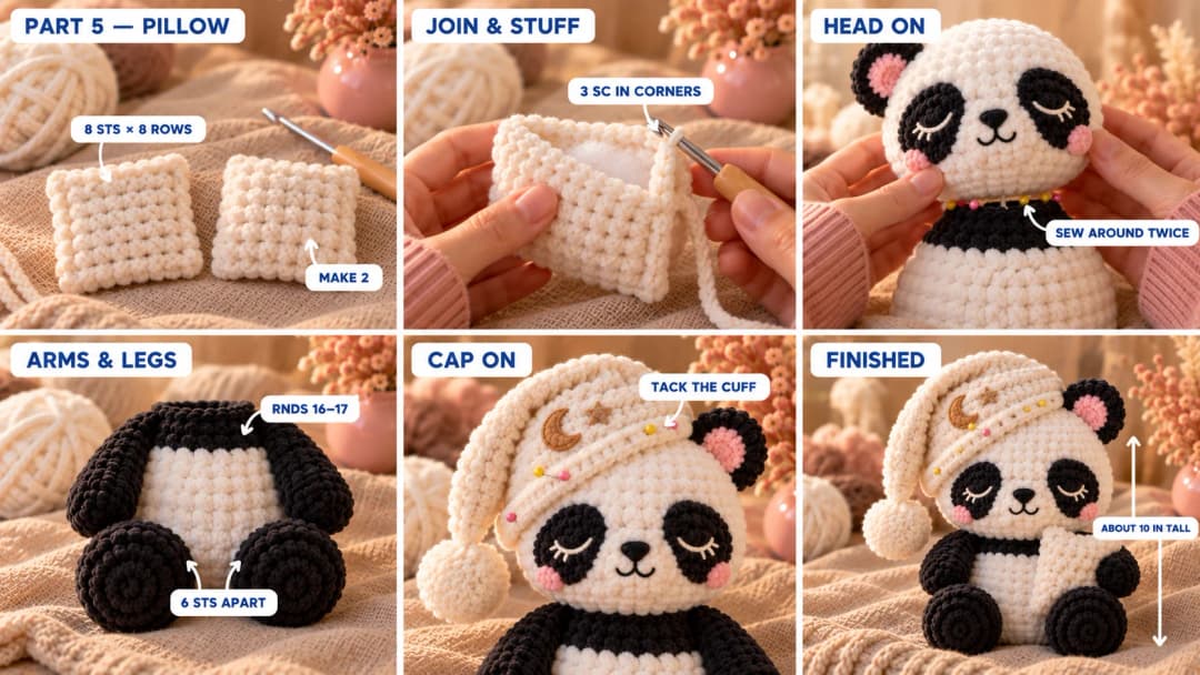 Step 5 of the sleepy panda crochet pattern: two cream chenille squares joined into a small stuffed pillow, the head sewn onto the body, the arms and round feet sewn on, the nightcap tacked on at a slant with its pom-pom tip falling over the left side, and the finished sleepy panda hugging its pillow
