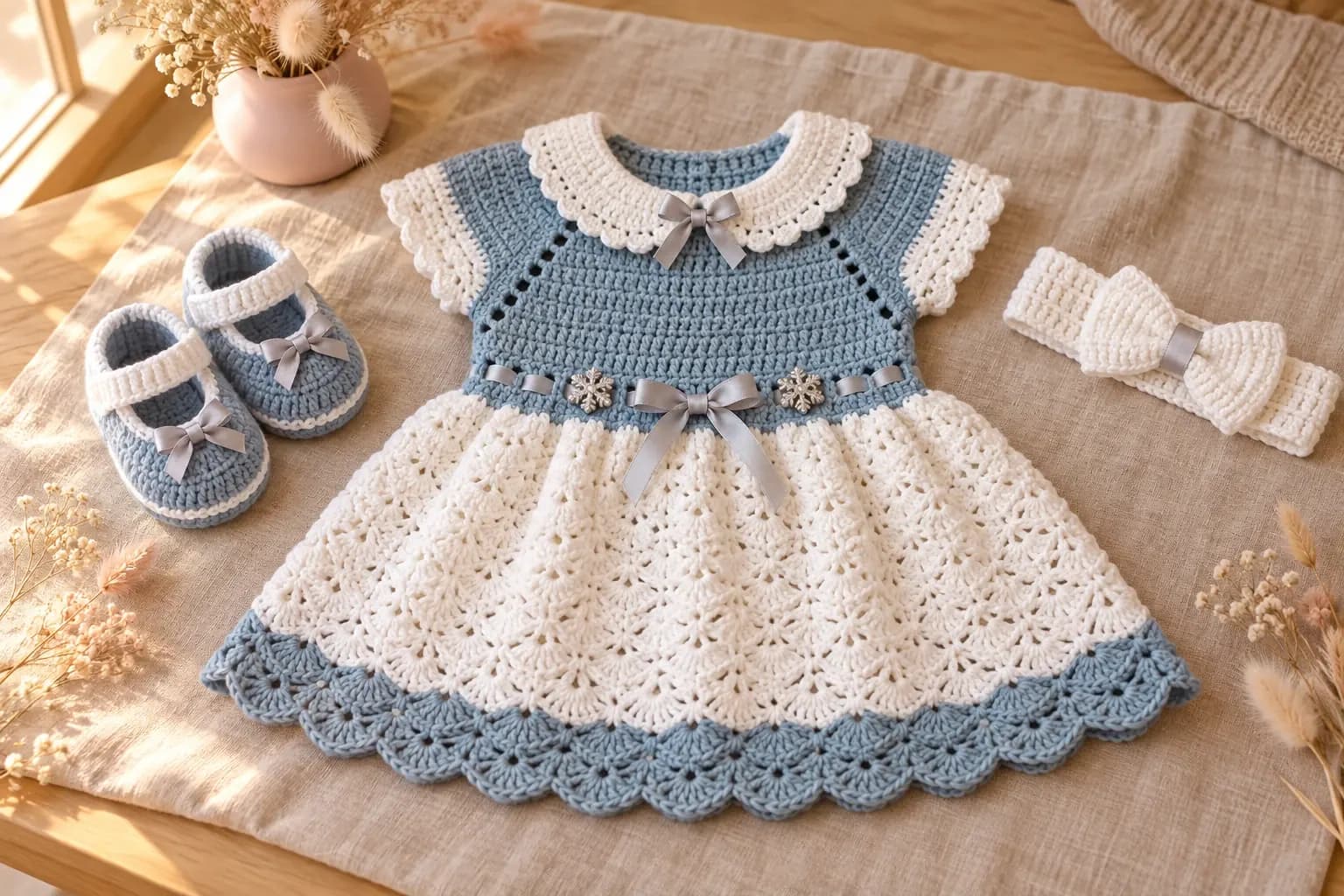 Crochet baby dress set in dusty blue and white: a dress with a dusty blue raglan bodice, a white scalloped Peter Pan collar with a small silver-grey satin bow, white scalloped cap sleeves, a silver-grey satin ribbon tied in a bow at the waist between two little silver snowflake buttons, a white shell stitch skirt and a blue scalloped hem, laid flat on oatmeal linen next to a pair of blue Mary Jane booties with white rims, wide white straps and grey bows and a white headband with a bow