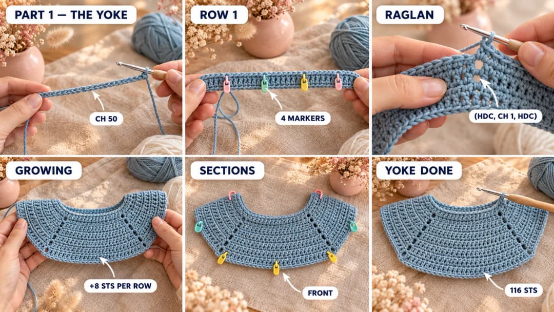 Step 1 of the snow princess baby dress: a dusty blue foundation chain on a 4 mm hook, a first row of half double crochet with four stitch markers at the raglan points, the yoke growing in rows with little eyelet raglan lines, and the finished flat raglan yoke with the back halves, sleeves and front clearly divided