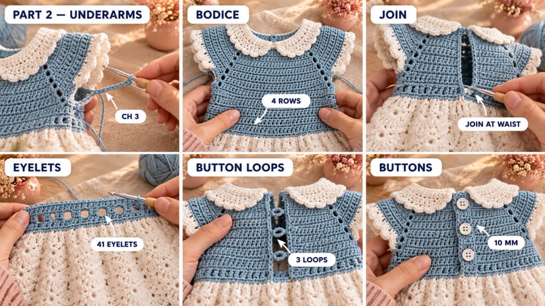 Step 2 of the snow princess baby dress: the sleeves set aside with a short chain at each underarm, rows of dusty blue half double crochet growing to the waist, the dress joined into a round, an eyelet round of double crochet and chain spaces at the waist, and three small button loops along the back opening