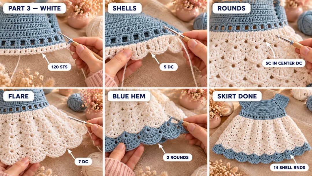 Step 3 of the snow princess baby dress: the first white round of single crochet with increases under the blue eyelet waist, rounds of five double crochet shells, bigger seven double crochet shells flaring the skirt, and two rounds of dusty blue shells forming the scalloped hem
