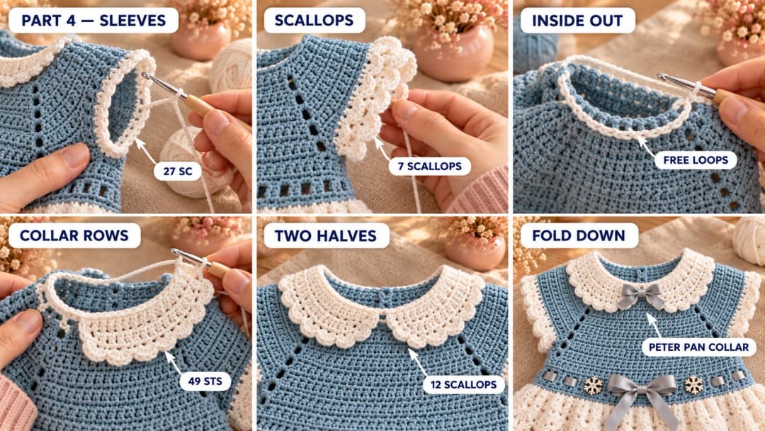 Step 4 of the snow princess baby dress: a white cap sleeve worked in rounds around the armhole with a scalloped edge, the dress turned inside out with the first white collar half growing from the free loops of the blue neckline chain, the scalloped edge of the collar, and the two collar halves folded down and meeting at the center front