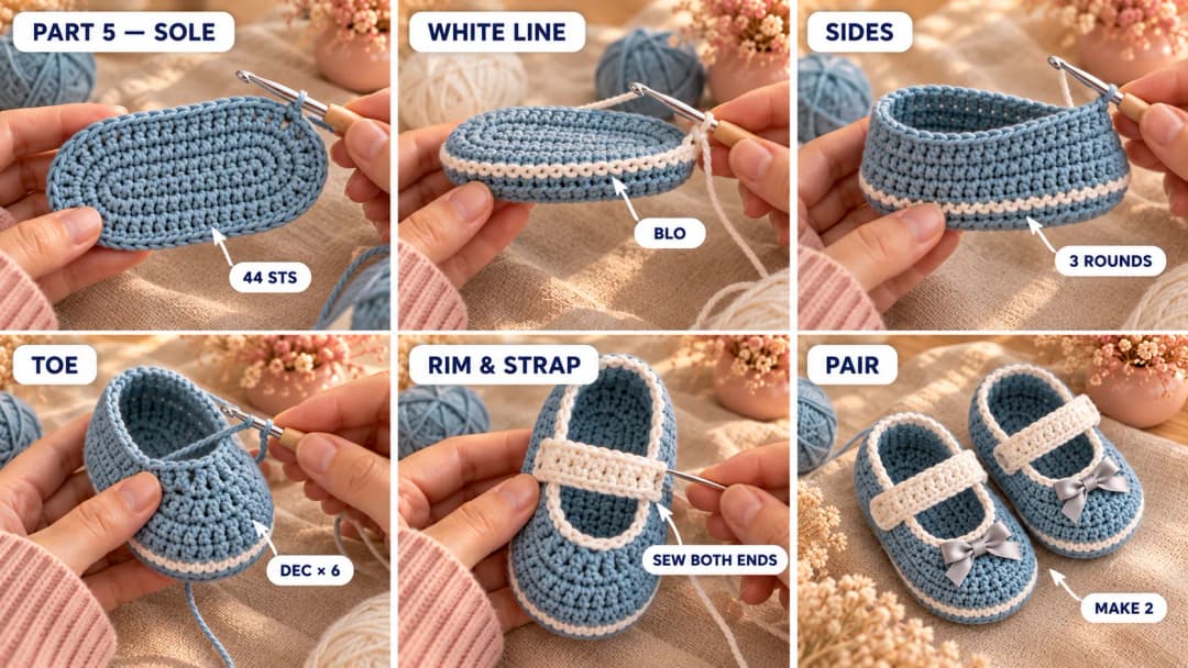 Step 5 of the snow princess baby dress set: a dusty blue oval sole growing in rounds on a 3.5 mm hook, a white back loop round turning up the edge, blue sides, decreases shaping the toe, a thin white rim around the opening, a white ribbed strap sewn across the instep, and a small grey satin bow sewn on the toe