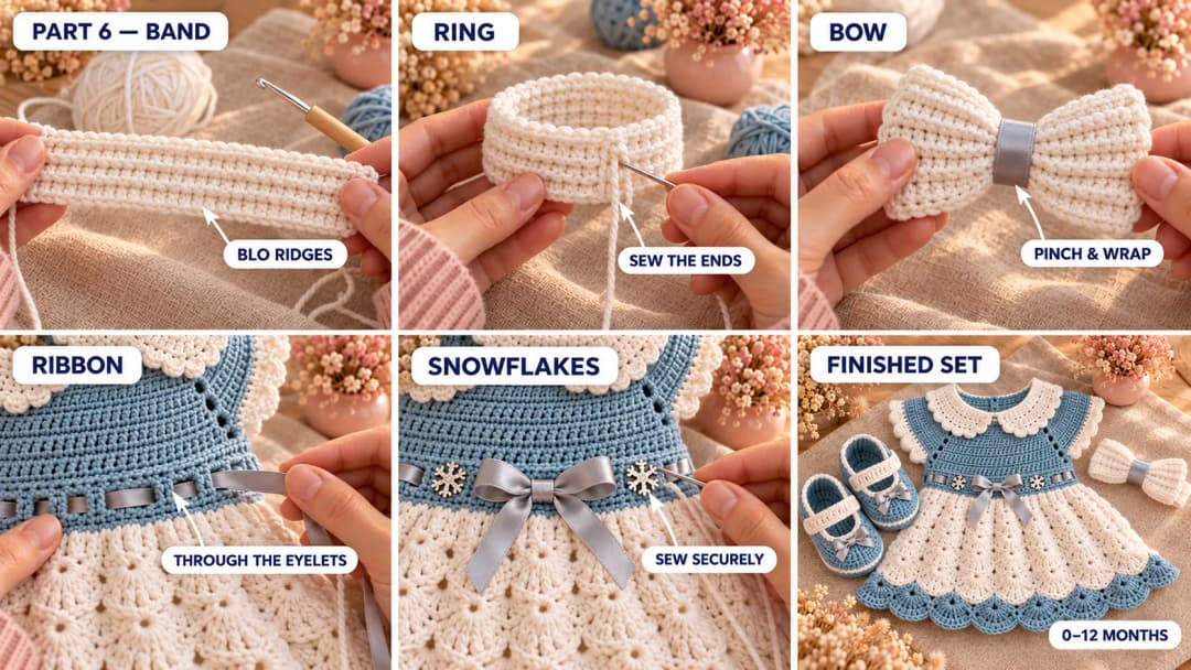 Step 6 of the snow princess baby dress set: a white ribbed headband growing in back loop rows, the band sewn into a ring, a white crochet bow pinched in the middle and wrapped with grey satin ribbon, a silver-grey ribbon threaded through the waist eyelets and tied in a bow, and the finished dress with its booties and headband laid out together