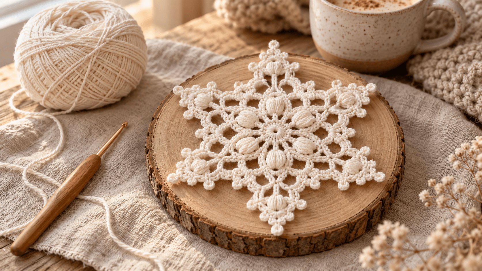 Ivory six-point crochet snowflake on a wood slice in a cosy beige setting with cotton yarn and a crochet hook.