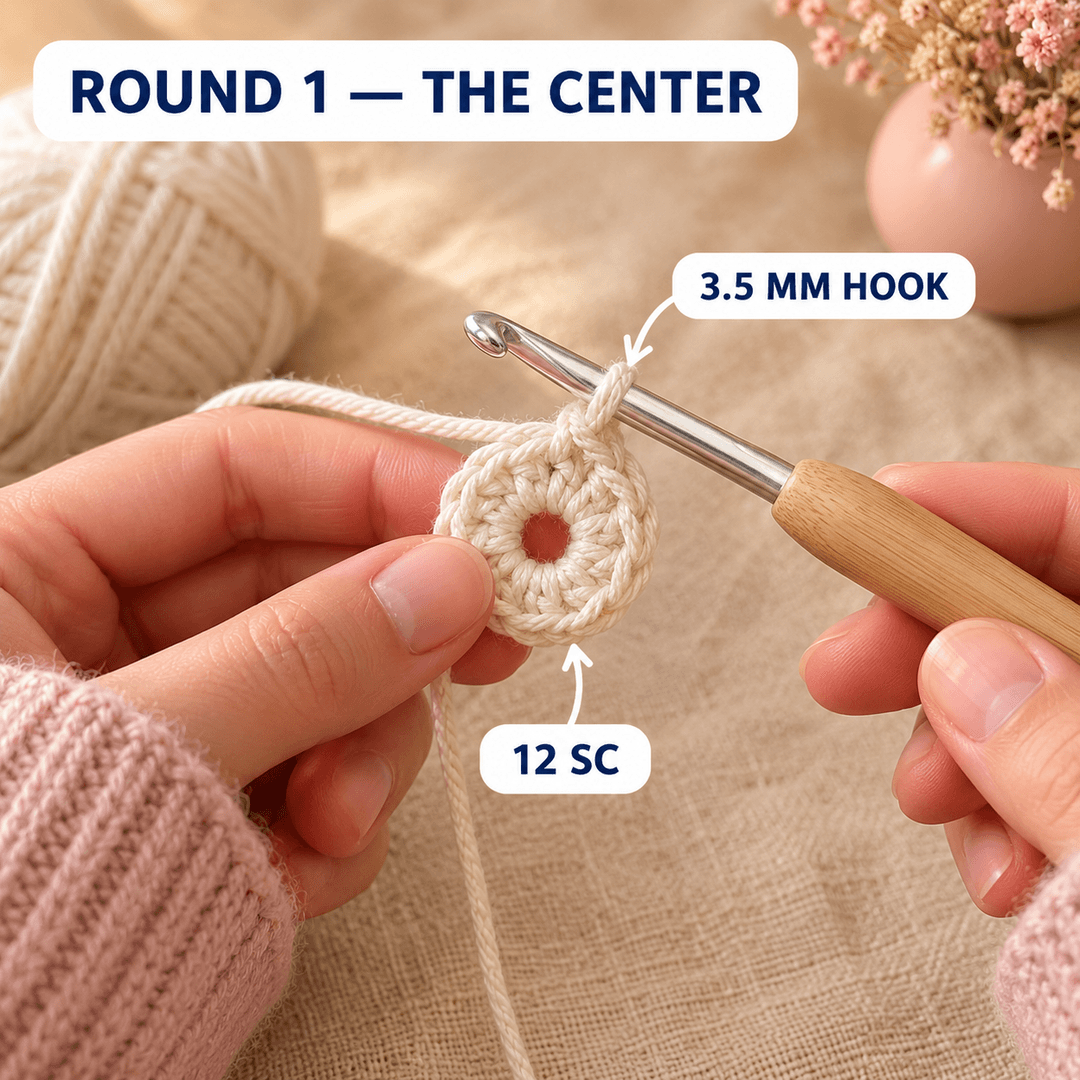 AI-generated step illustration: cream cotton center ring held in pink-sleeved hands, labeled Round 1 — The Center and 12 sc.