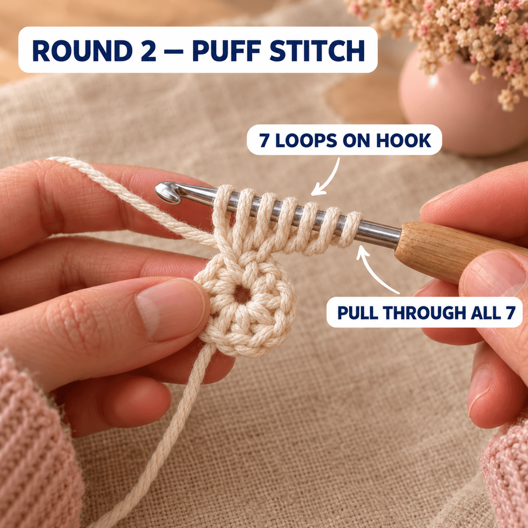 AI-generated step illustration: seven cream yarn loops on a wooden-handled crochet hook above the small center, demonstrating the puff stitch.