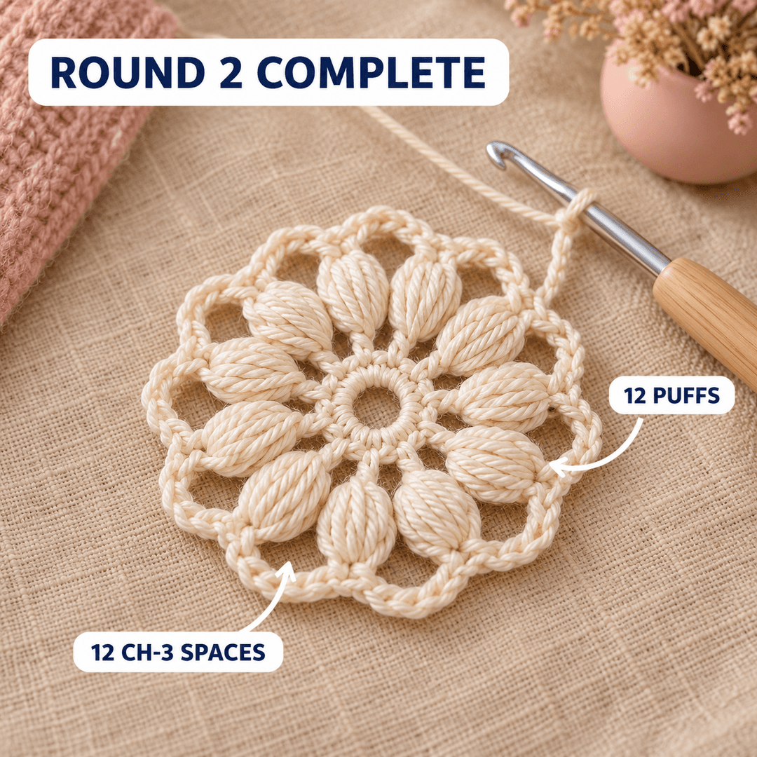AI-generated step illustration: a circular cream puff-stitch ring on beige linen, labeled Round 2 Complete, 12 Puffs and 12 Ch-3 Spaces.