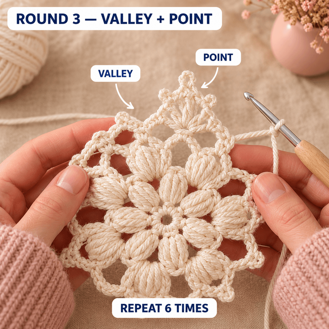 AI-generated step illustration: a partially worked cream snowflake border with one valley and one picot-trimmed point labeled, held in pink-sleeved hands.