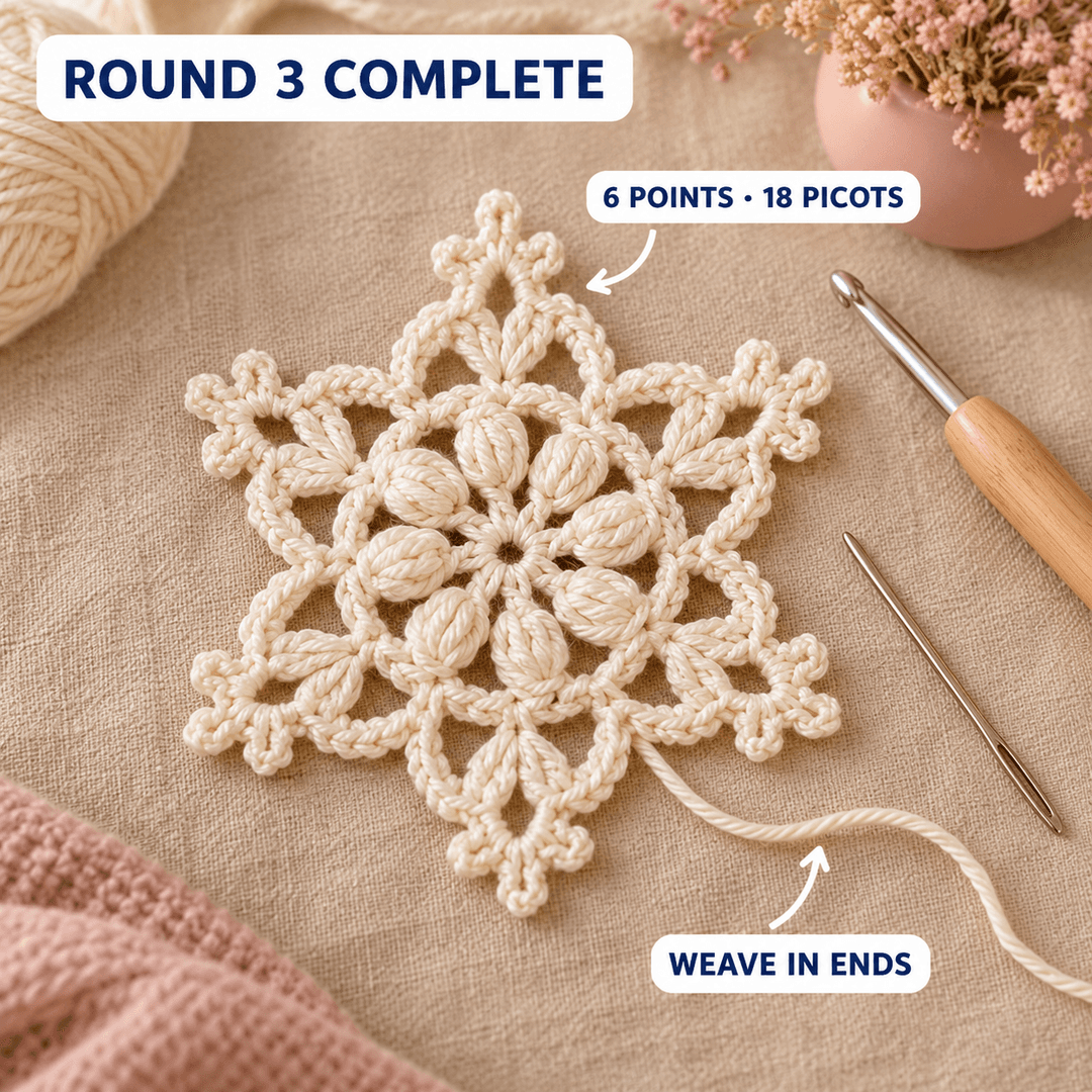 AI-generated step illustration: the proposed cream six-point crochet snowflake before blocking, with a loose yarn tail and labels for Round 3 Complete and weaving in ends.