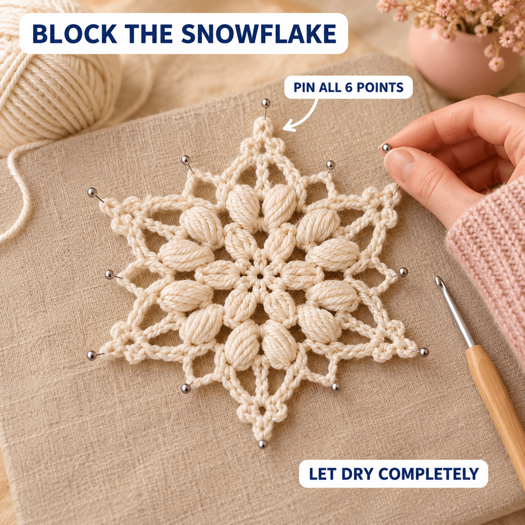 AI-generated step illustration: a cream six-point snowflake pinned to a beige blocking surface, with a pink-sleeved hand adjusting a pin and labels for pinning and drying.