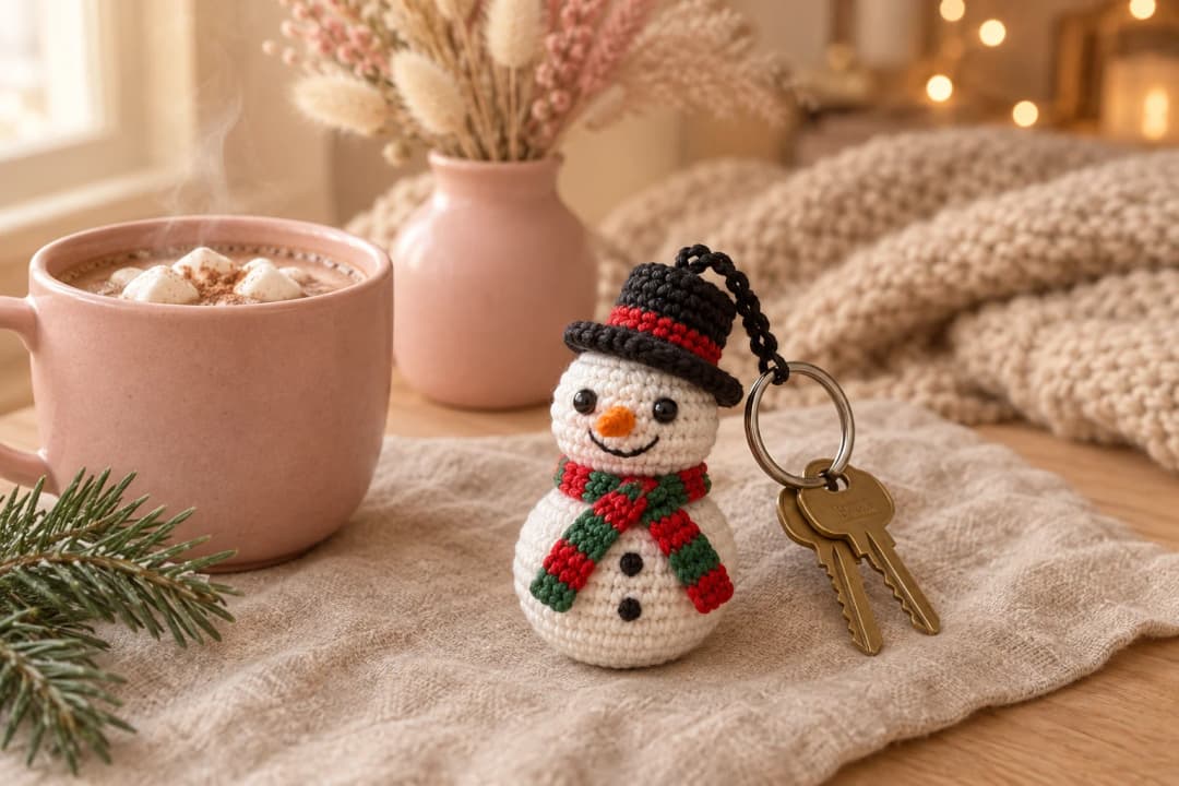 Small white crochet snowman keychain with a black top hat, a carrot nose and a red and green striped scarf on a silver key ring