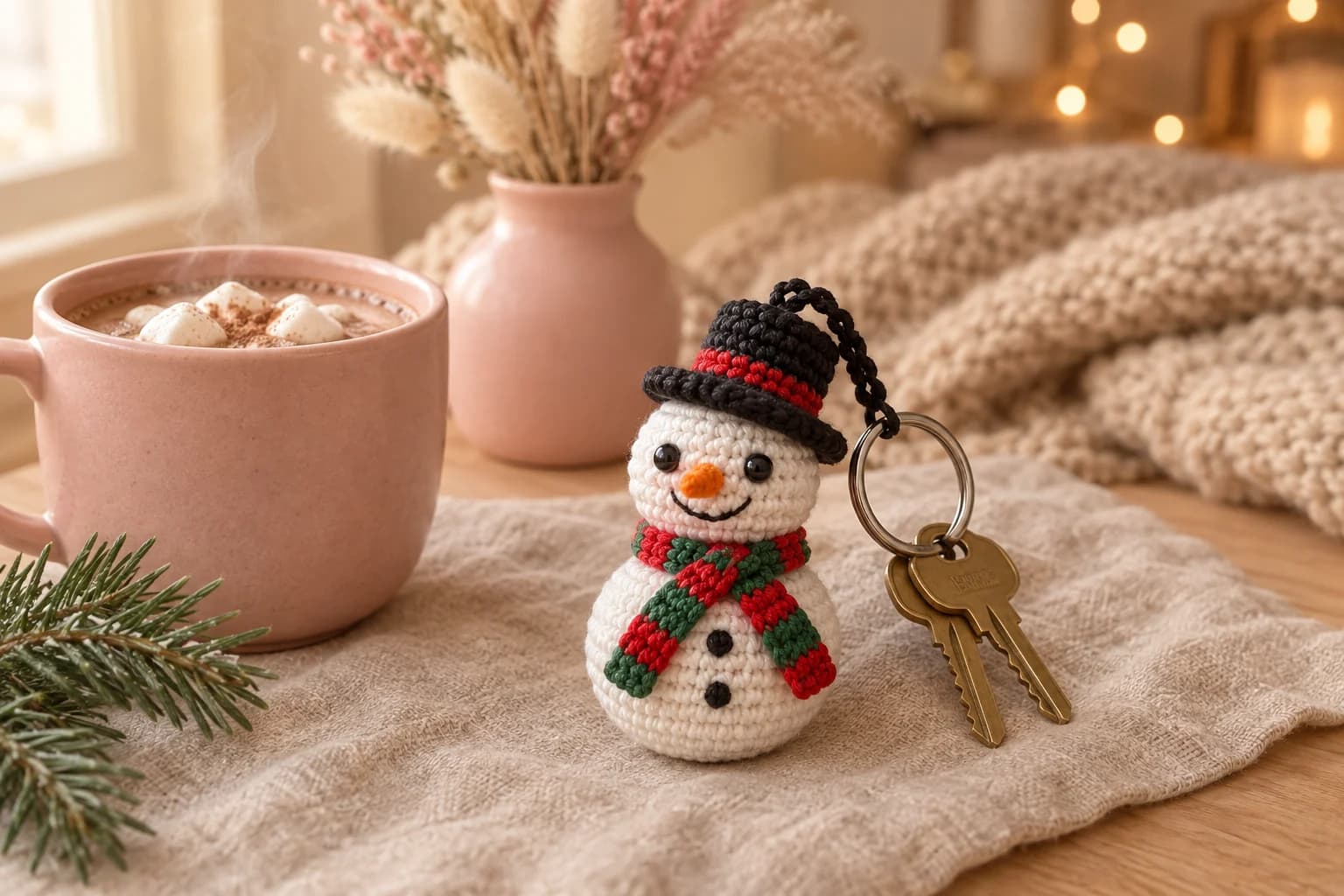 Snowman crochet pattern: a small white crochet snowman keychain with a black top hat with a red band, black eyes, an orange carrot nose, a stitched smile, two black buttons and a red and green striped scarf, on a black loop with a silver key ring and two brass keys, standing on an oatmeal linen cloth next to a blush pink mug of hot chocolate with marshmallows and a sprig of pine
