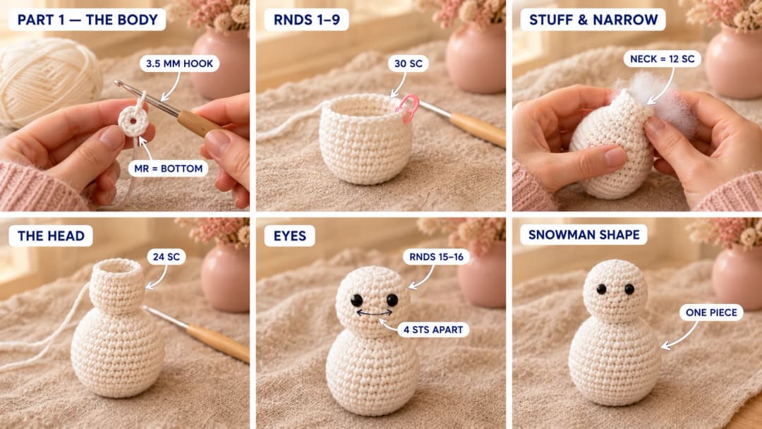 Step 1 of the snowman crochet pattern: a white magic ring of 6 single crochet on a 3.5 mm hook, a flat white disc of 30 stitches, the body ball being stuffed, the work narrowing to a 12-stitch neck, the smaller head growing above it, black safety eyes placed 4 stitches apart, and the closed white two-ball snowman shape