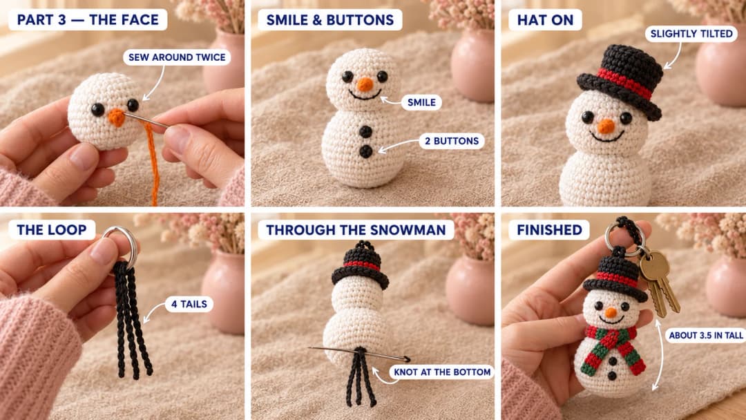 Step 3 of the snowman crochet pattern: the carrot nose sewn between the eyes, a black stitched smile, two black buttons on the body, the top hat sewn on slightly tilted, a doubled black chain on a split ring with four tails running down through the whole snowman, the scarf wrapped and tacked at the neck, and the finished snowman keychain on a key ring