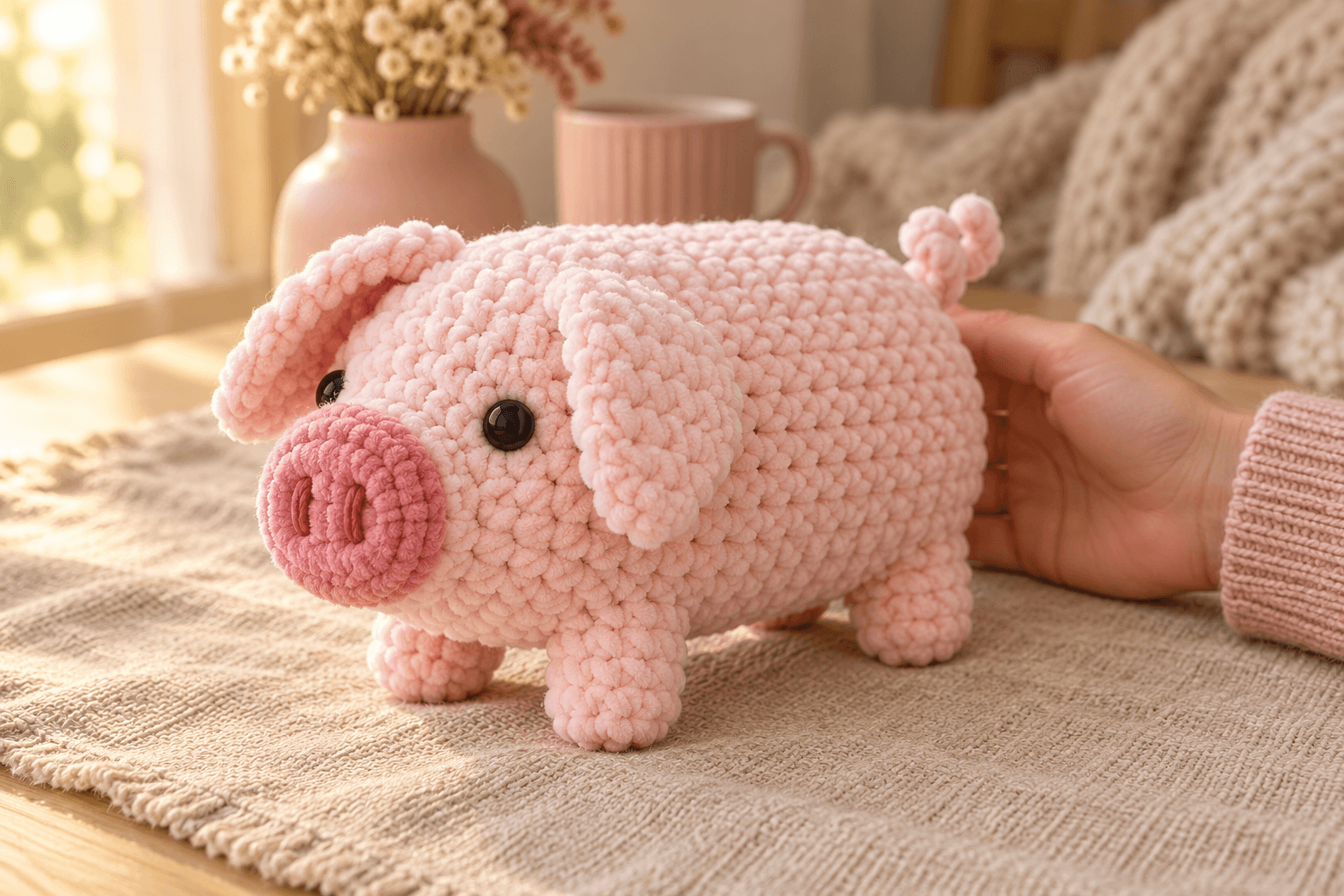 Soft pale pink chenille crochet pig viewed from the front and one side, with a plump horizontal body, two glossy black eyes, a deeper pink round snout with two dark rose stitched nostrils, ears folded forward, four short pale pink trotters and a curled tail at the rump, resting on oatmeal linen beside a blush pink mug