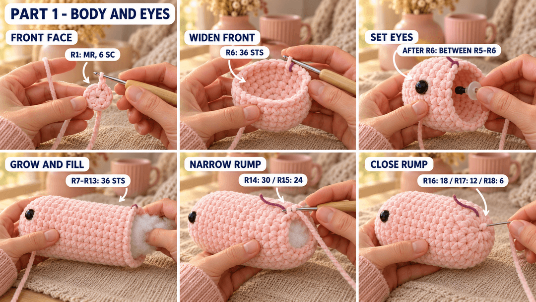 Six illustrated stages for crocheting the pink pig body and placing the eyes before stuffing
