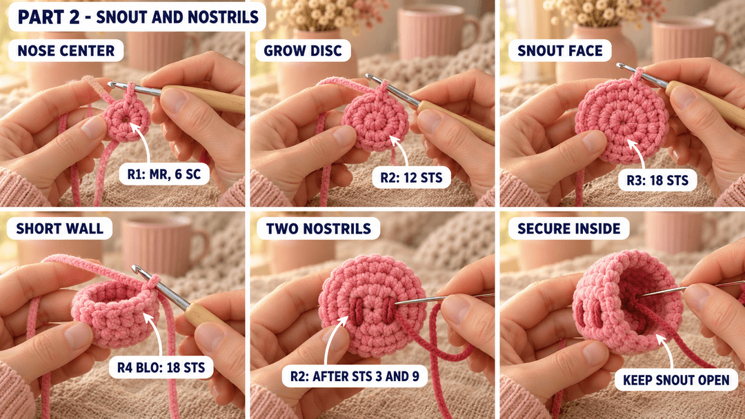 Crocheting the deeper pink snout and embroidering its two nostrils