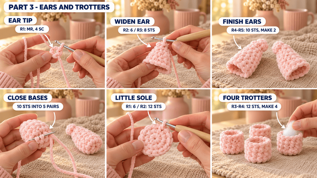 Making two folded ears and four open-top pink crochet trotters