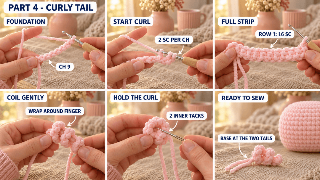 Crocheting and shaping the separate pale pink curly tail