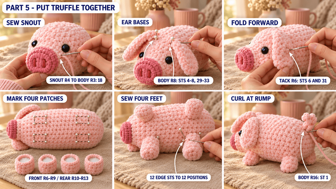 Sewing the snout, folded ears, four trotters and curly tail onto Truffle
