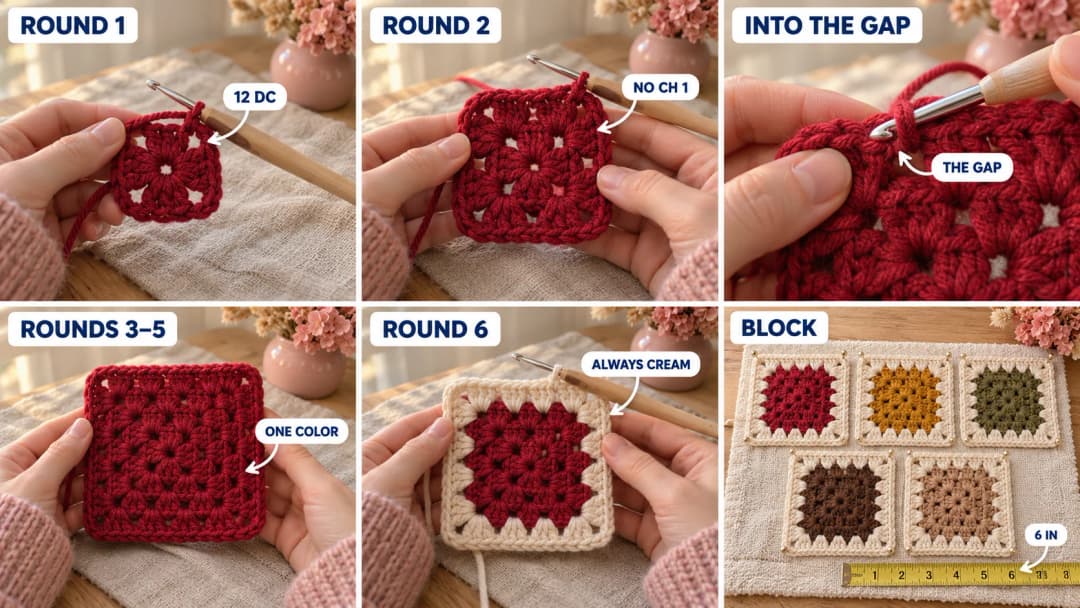 Step 1 of the solid granny square blanket: a cranberry first round of 12 double crochets on a 5 mm hook, round 2 with no chain between the clusters, the hook working a cluster into the gap between two clusters, the dense cranberry square after round 5, the cream round 6, and five squares in five colors pinned to 6 inches