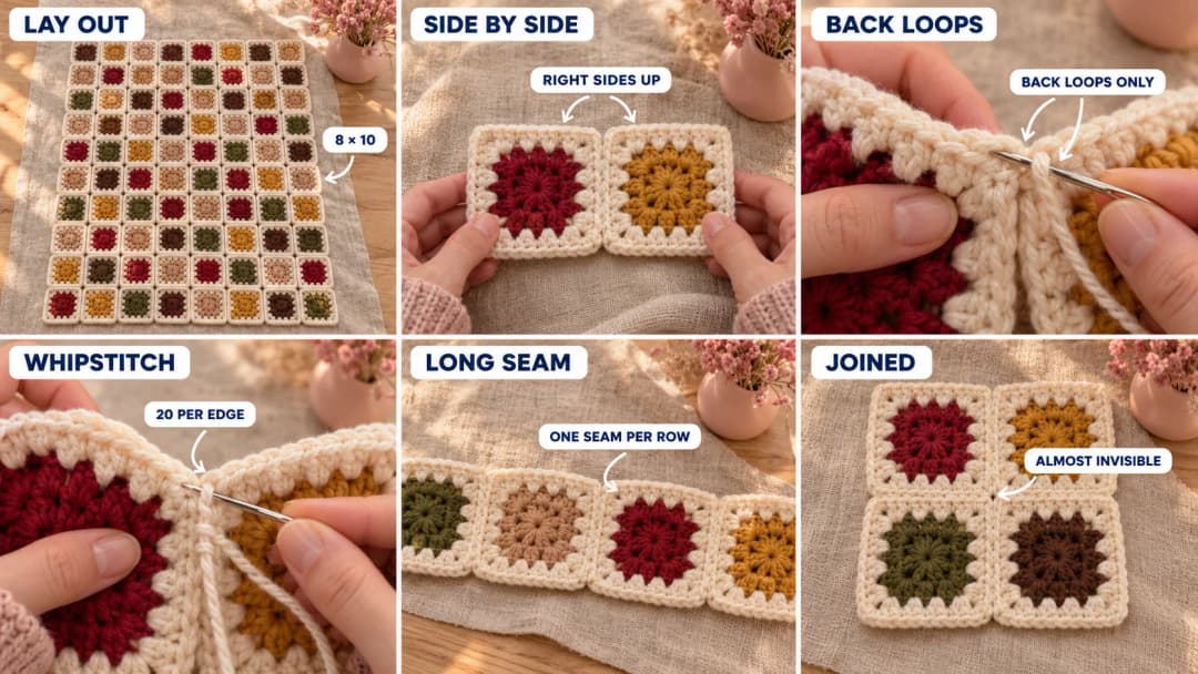Step 2 of the solid granny square blanket: 80 squares laid out 8 across and 10 down, two squares side by side right sides up, a tapestry needle catching the back loops only of both cream edges, the whipstitch along the edge, a long seam joining a row of squares, and four joined squares with an almost invisible seam
