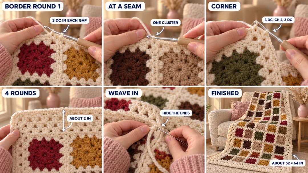 Step 3 of the solid granny square blanket: cream clusters worked into the gaps along the edge, one cluster in the joined corner spaces at a seam, a corner group at the blanket corner, the four-round cream border about 2 inches wide, a needle weaving in a cream tail, and the finished blanket over a cream armchair