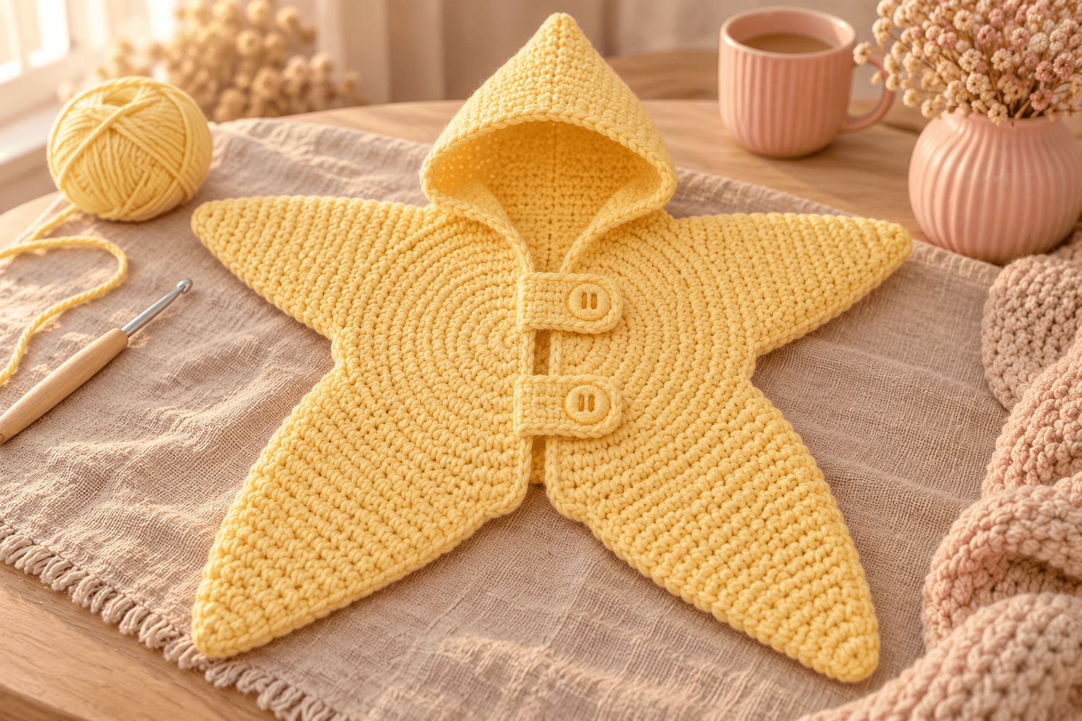 Butter-yellow starfish-shaped crochet baby outfit laid flat on a neutral background: a round single-crochet center, a centered front opening covered by two soft tabs with embroidered circular button motifs, broad pointed sleeves, longer closed pointed legs and an attached hood, with every opening and seam visible