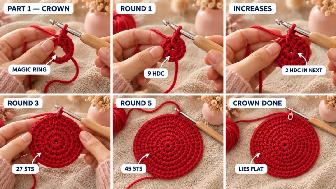 Step 1 of the strawberry crochet hat: red yarn on a 5 mm hook making a magic ring with 9 half double crochet, the circle growing round by round with evenly spaced increases, and the finished flat red crown about 4 inches across