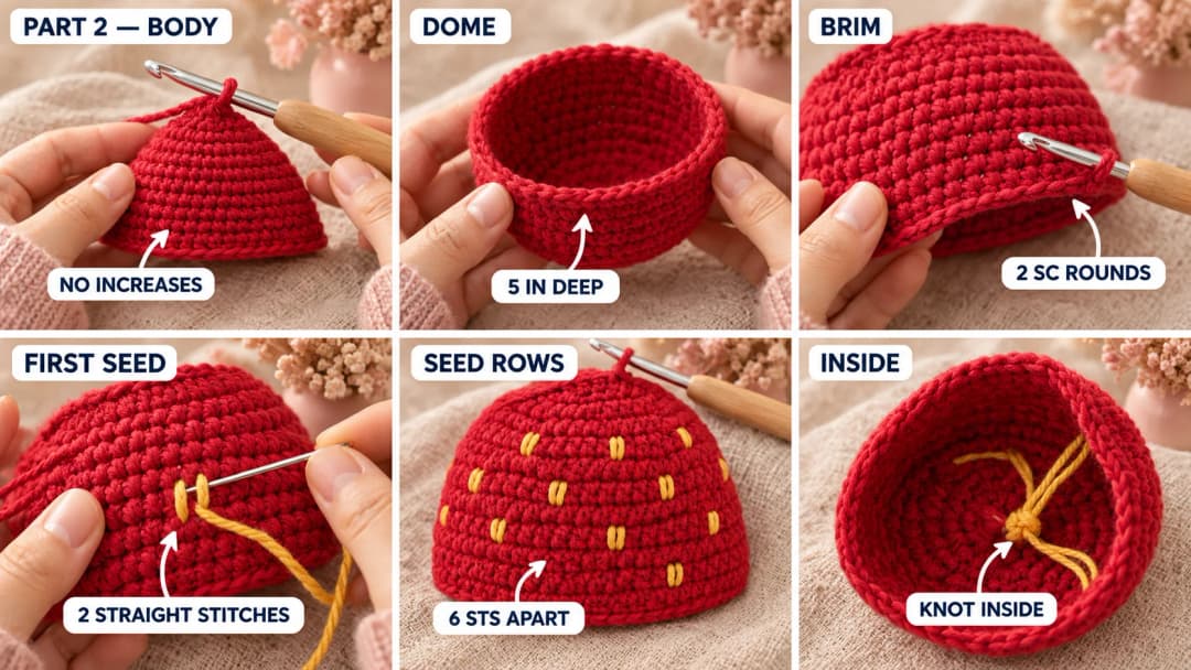 Step 2 of the strawberry crochet hat: the red crown curving down into a dome with even rounds of half double crochet, two rounds of single crochet at the brim, and yellow seeds embroidered in offset rows with a tapestry needle