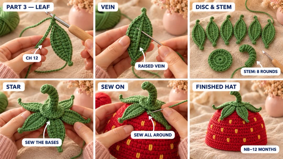 Step 3 of the strawberry crochet hat: six pointed green leaves crocheted around both sides of a chain, a small green disc and a curved stem, the leaves sewn under the disc like petals, and the green top sewn on the crown of the red hat with the leaves falling over it